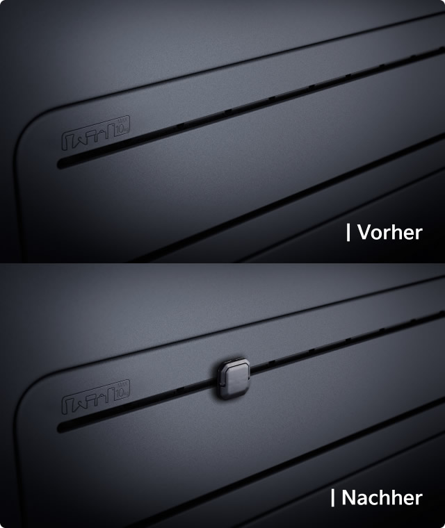 Detailansicht eines kleinen, quadratischen Kia-Halters Montiert auf dem AddGear – gezeigt einmal mit und einmal ohne befestigten Halter.